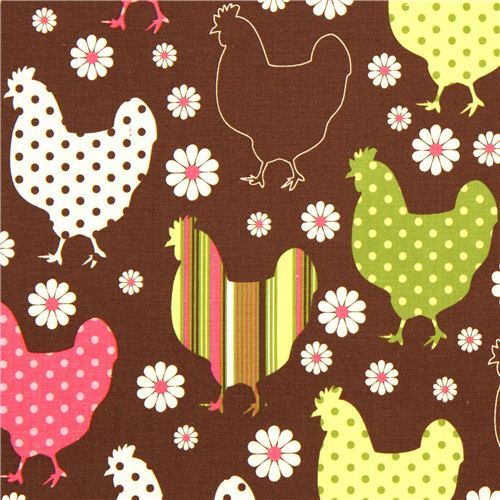 brown organic fabric chicken & flower by Robert Kaufman