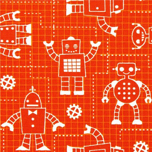 orange organic fabric with robots by Robert Kaufman