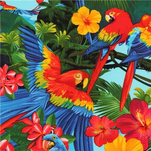 blue macaw parrot animal fabric by Timeless Treasures