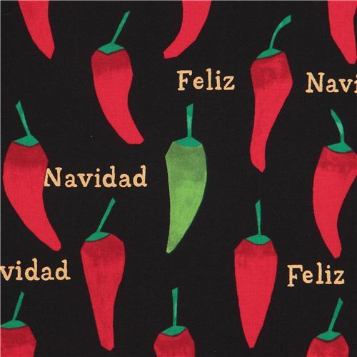 black Alexander Henry fabric chili pepper gold metallic Feliz Navidad