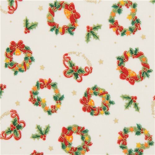 metallic gold Christmas wreath fabric in cream from Japan