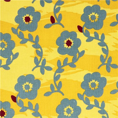 mustard yellow Kokka grey-green flower fabric 