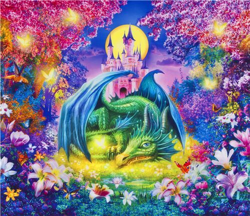 Robert Kaufman colorful mythical dragon and castle fabric