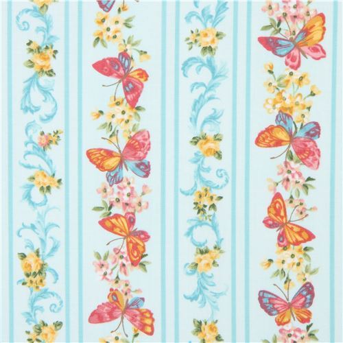 light turquoise Robert Kaufman fabric stripe butterfly flower Lady Elizabeth