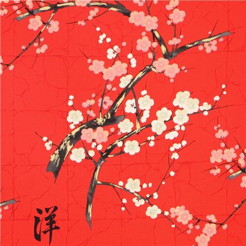red Alexander Henry Japanese flower fabric with gold
