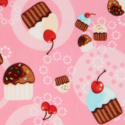 pink cupcakes fabric cherry Robert Kaufman kawaii