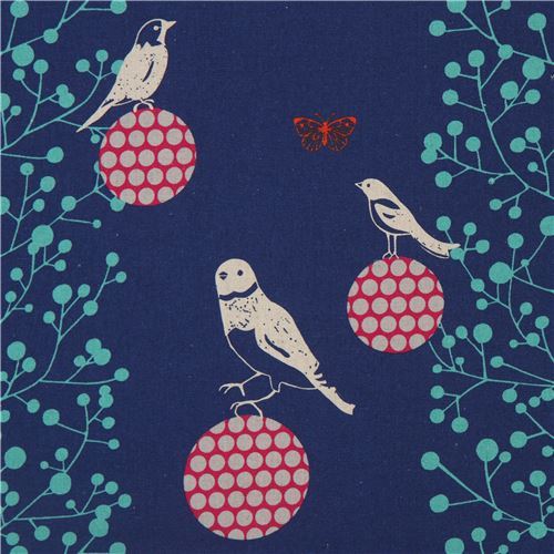 bird and leaf canvas fabric in dark blue by echino