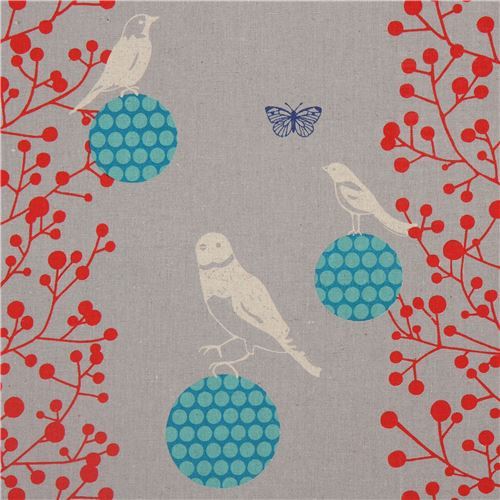 canvas bird and leaves fabric by echino in grey