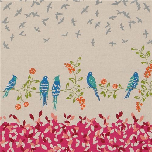natural color dark pink echino canvas fabric with blue bird leaf Standard