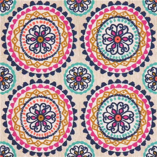 light brown fabric green dark blue magenta flower by Michael Miller