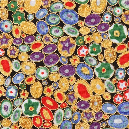 black gold metallic purple green oval shape fabric Robert Kaufman Gustav Klimt