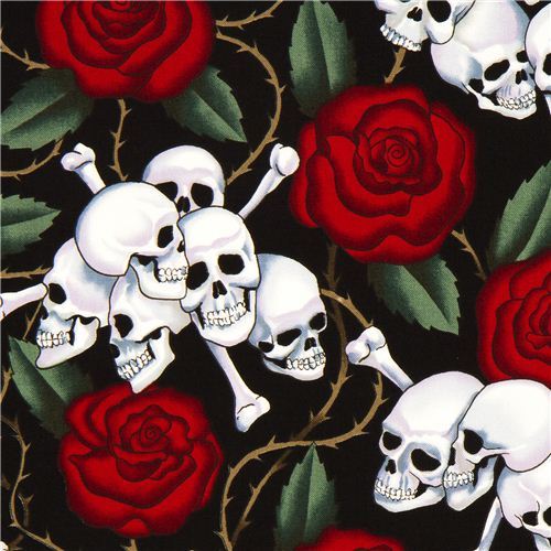 black Alexander Henry rose fabric with skulls