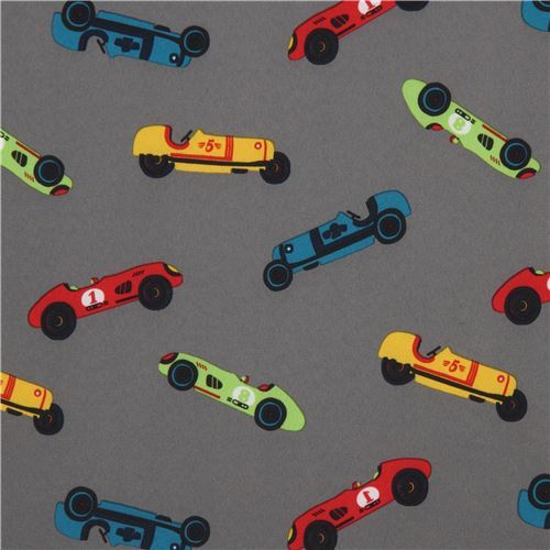 grey soft shell fabric with colorful classic race cars