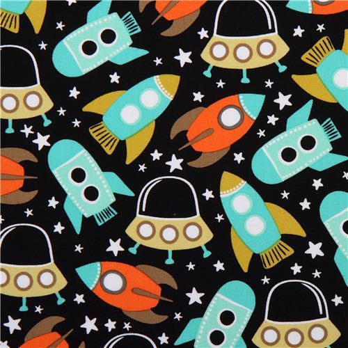black spaceship space fabric Michael Miller Space Station