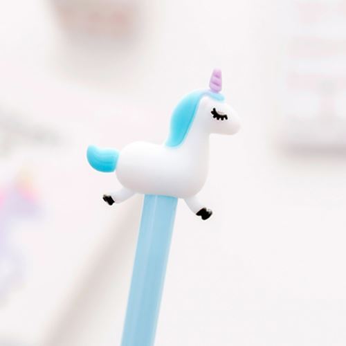 white unicorn on a light blue pen