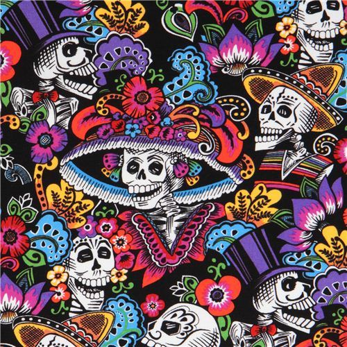 black Mexican skeleton and skull fabric by Alexander Henry 