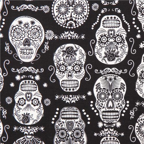 black glow in the dark folklore skulls sugar skull fabric 