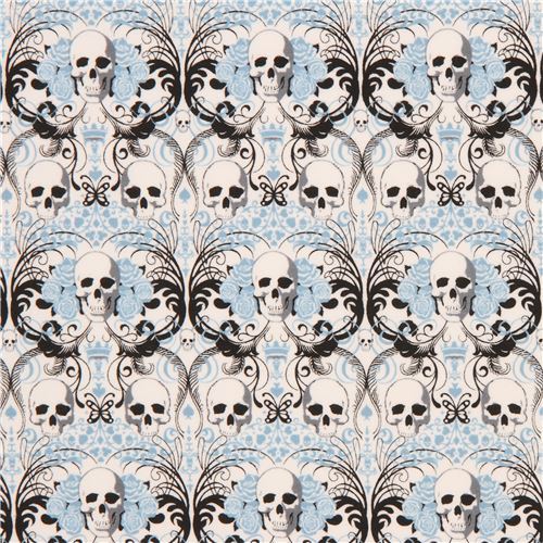 light cream with skull blue flower knit fabric Alexander Henry Regent Skull