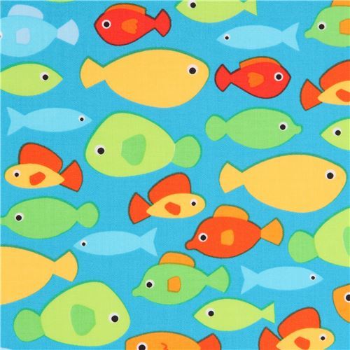 blue Robert Kaufman fabric cute colorful fish Sea and Sun