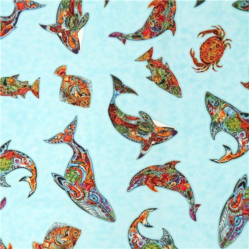 blue fabric colorful sea creature gold metallic by Robert Kaufman USA