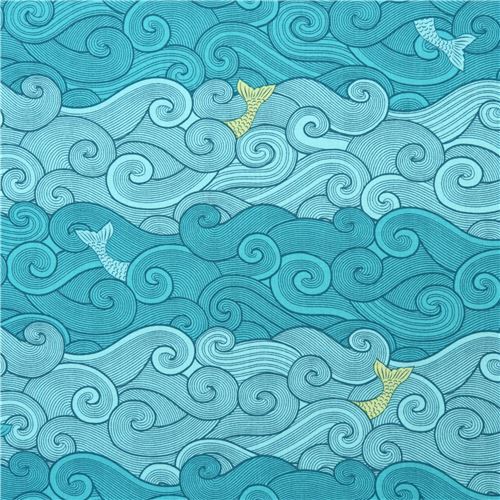 turquoise fabric wave fish by Michael Miller